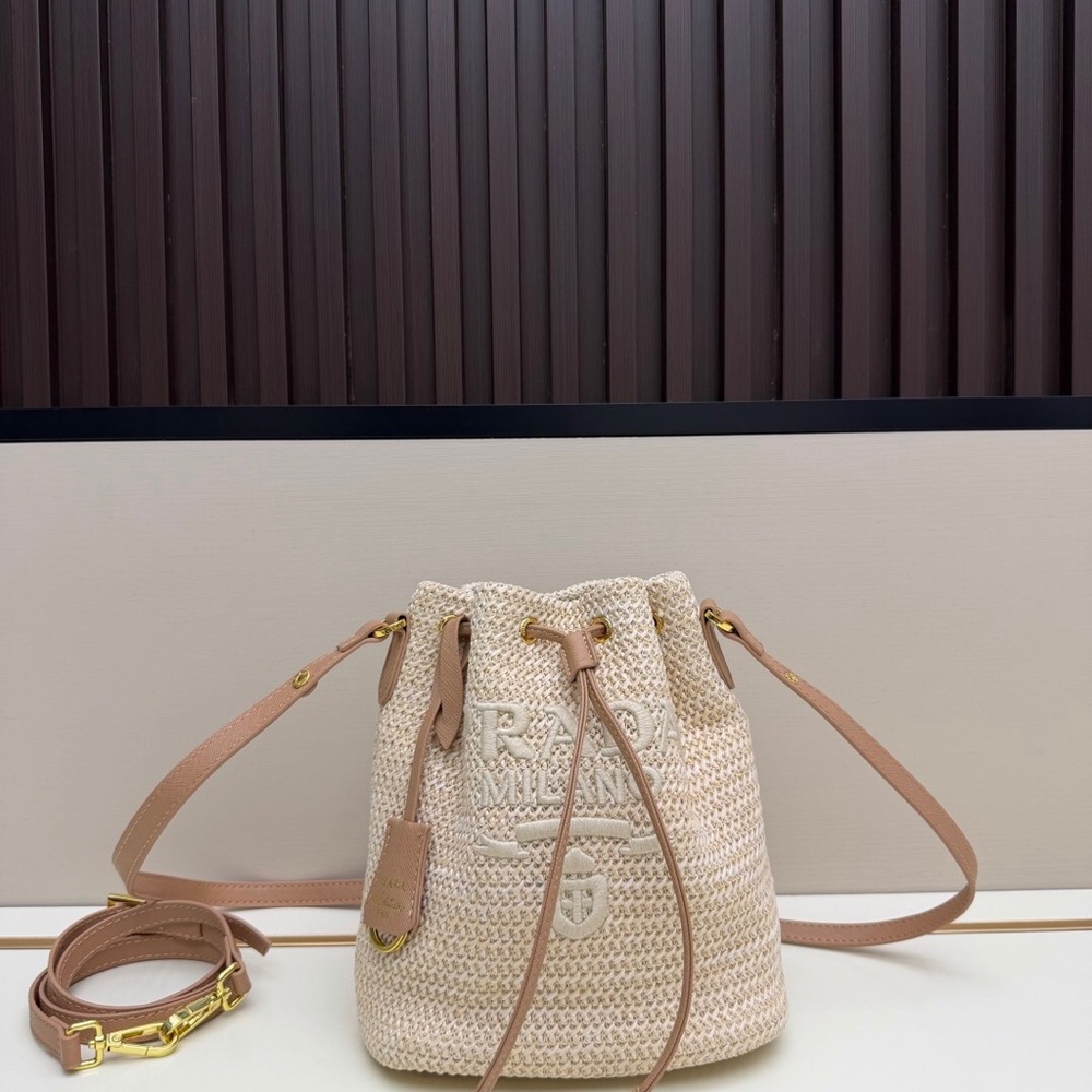 Prada Raffia Bucket Crossbody Bag